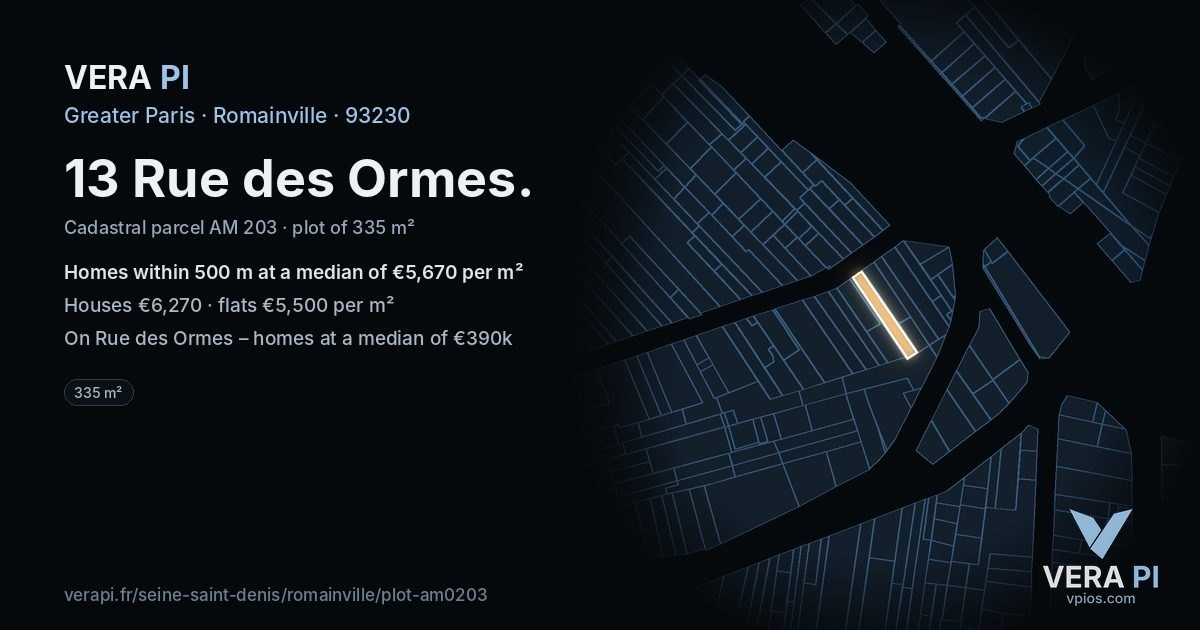 13 Rue des Ormes, Romainville at night – the plot lit, the parcels around coloured by the prices near them