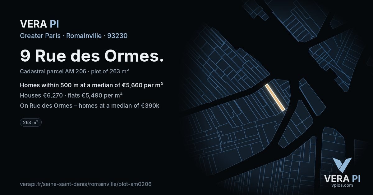 9 Rue des Ormes, Romainville at night – the plot lit, the parcels around coloured by the prices near them