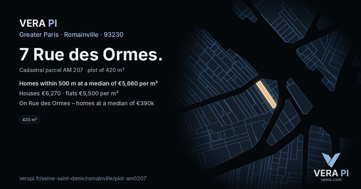 7 Rue des Ormes, Romainville at night – the plot lit, the parcels around coloured by the prices near them
