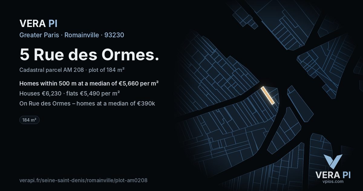 5 Rue des Ormes, Romainville at night – the plot lit, the parcels around coloured by the prices near them