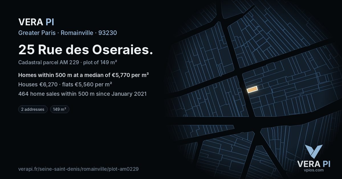 25 Rue des Oseraies, Romainville at night – the plot lit, the parcels around coloured by the prices near them