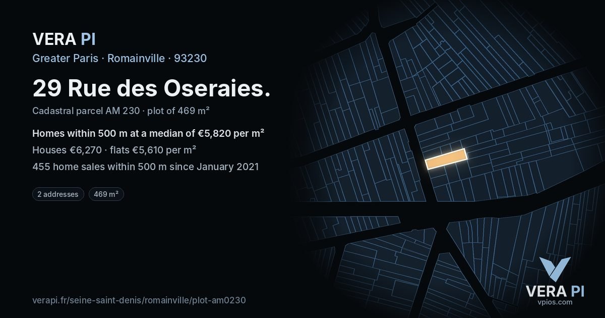 29 Rue des Oseraies, Romainville at night – the plot lit, the parcels around coloured by the prices near them