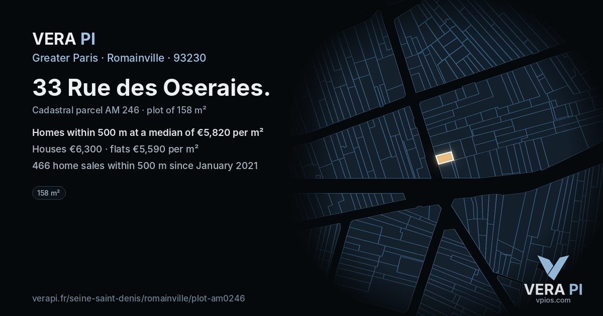 33 Rue des Oseraies, Romainville at night – the plot lit, the parcels around coloured by the prices near them