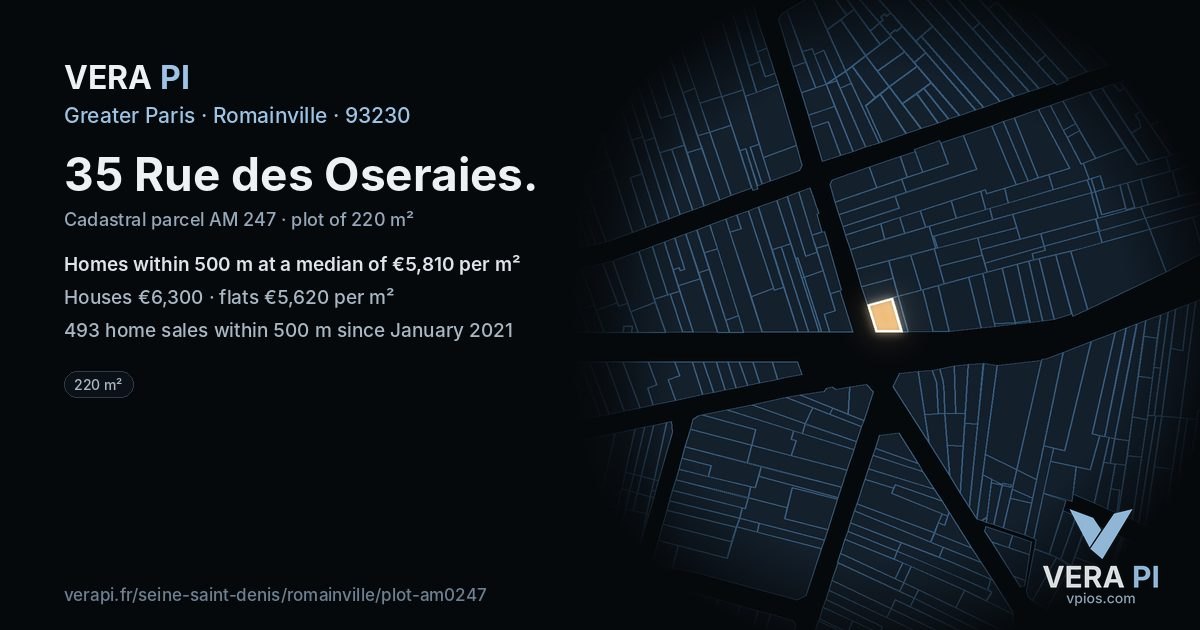 35 Rue des Oseraies, Romainville at night – the plot lit, the parcels around coloured by the prices near them