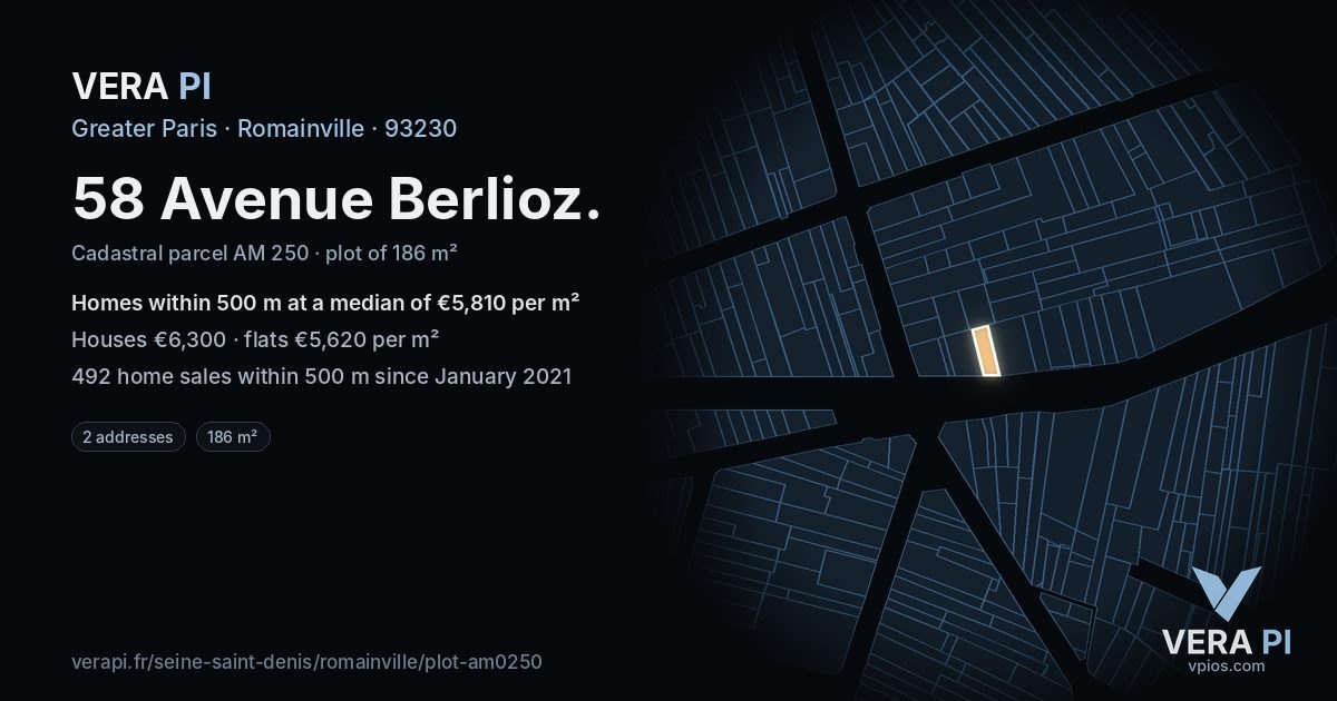 58 Avenue Berlioz, Romainville at night – the plot lit, the parcels around coloured by the prices near them
