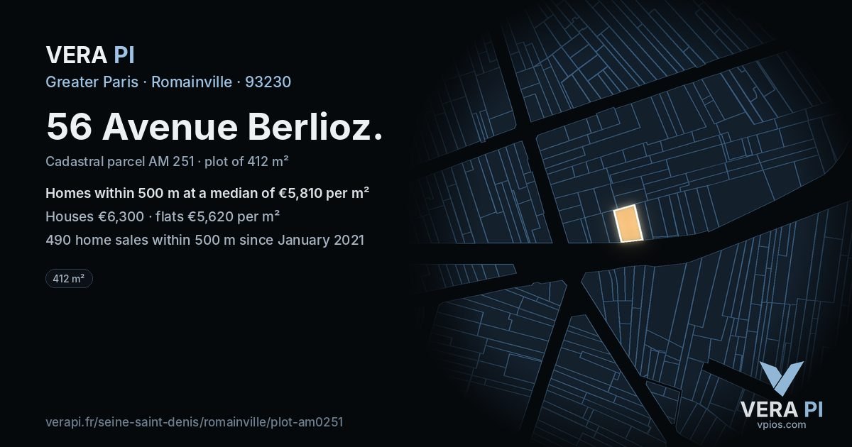 56 Avenue Berlioz, Romainville at night – the plot lit, the parcels around coloured by the prices near them