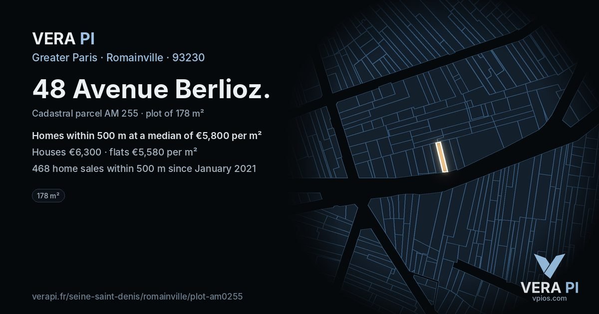48 Avenue Berlioz, Romainville at night – the plot lit, the parcels around coloured by the prices near them