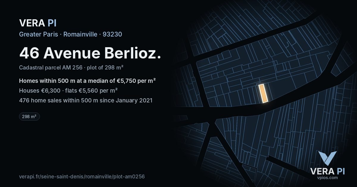 46 Avenue Berlioz, Romainville at night – the plot lit, the parcels around coloured by the prices near them