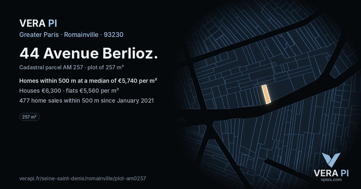 44 Avenue Berlioz, Romainville at night – the plot lit, the parcels around coloured by the prices near them
