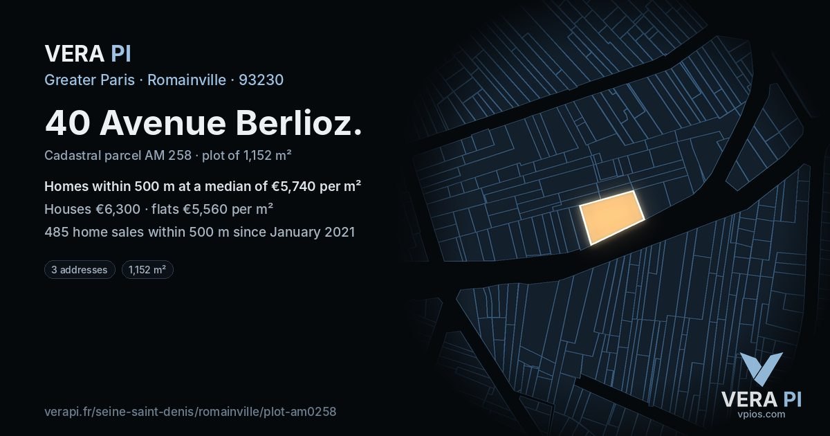 40 Avenue Berlioz, Romainville at night – the plot lit, the parcels around coloured by the prices near them