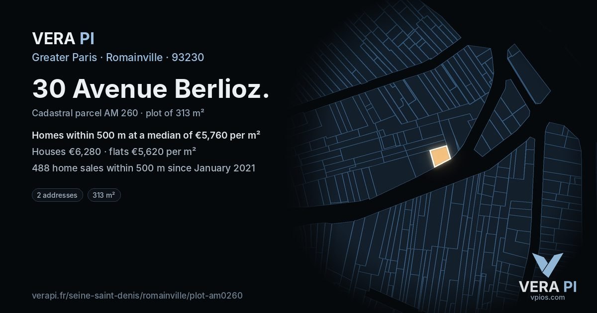 30 Avenue Berlioz, Romainville at night – the plot lit, the parcels around coloured by the prices near them