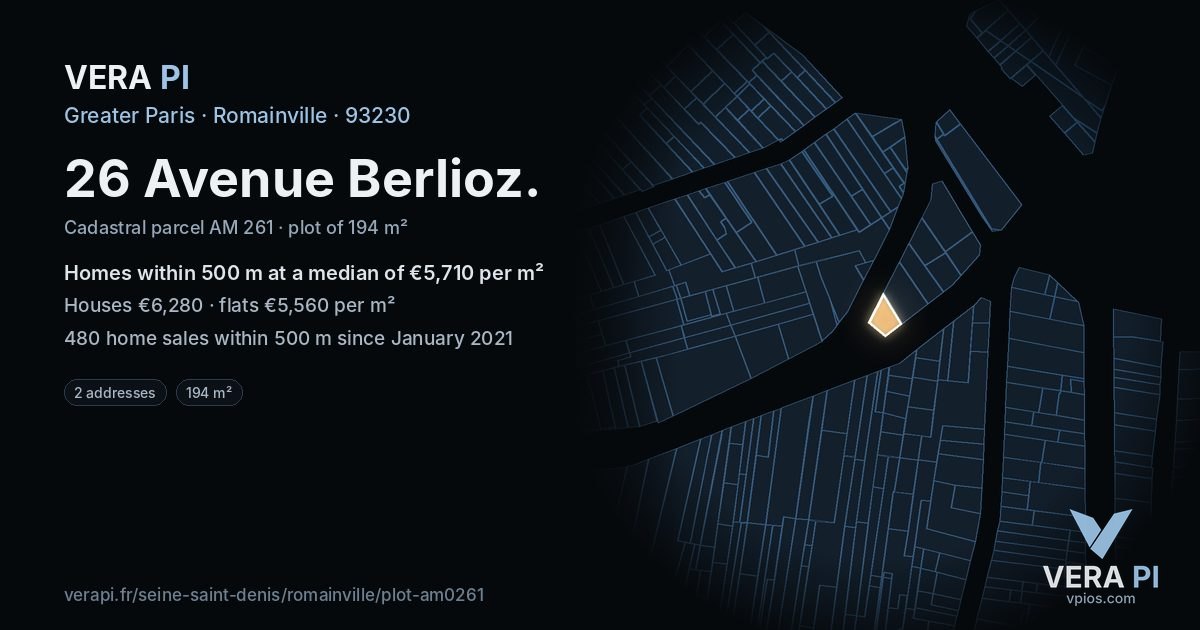 26 Avenue Berlioz, Romainville at night – the plot lit, the parcels around coloured by the prices near them