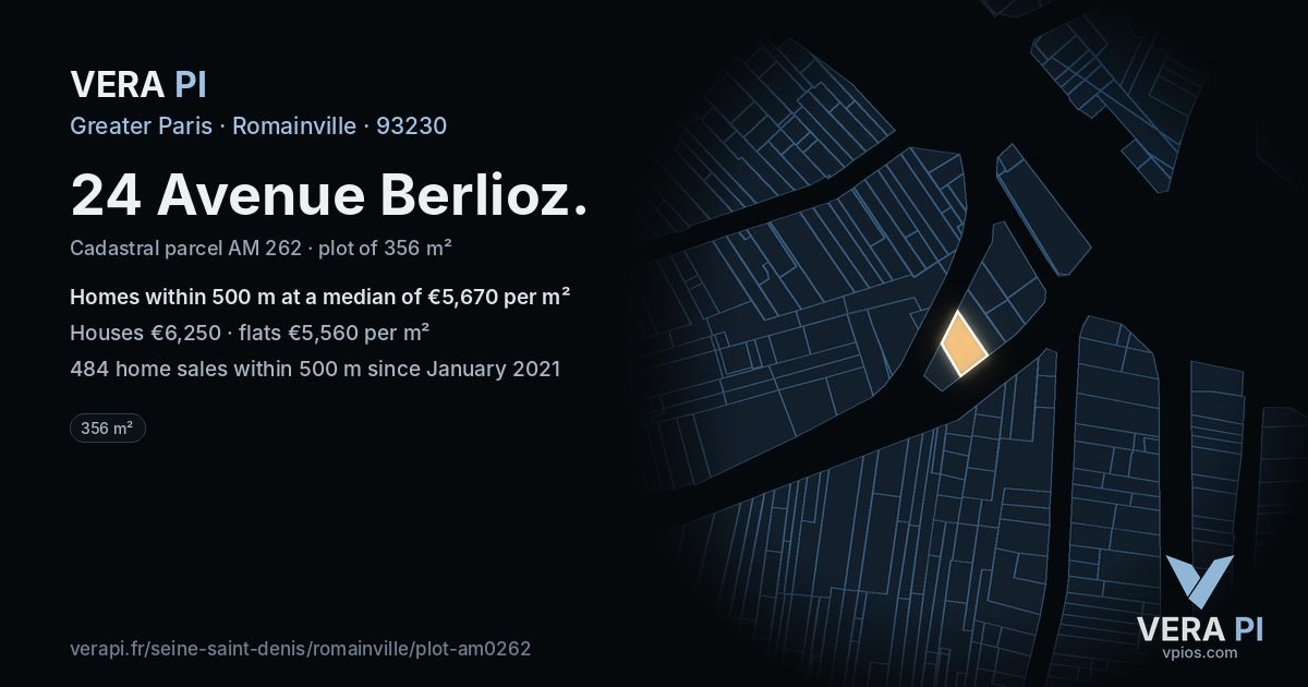 24 Avenue Berlioz, Romainville at night – the plot lit, the parcels around coloured by the prices near them