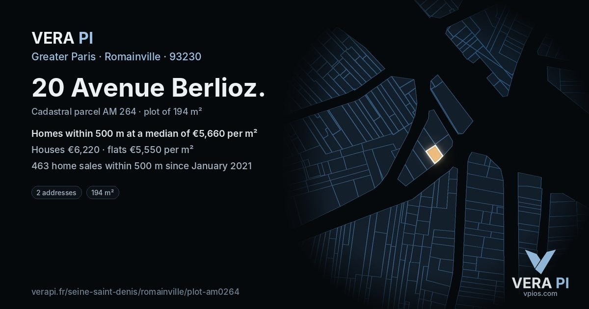20 Avenue Berlioz, Romainville at night – the plot lit, the parcels around coloured by the prices near them