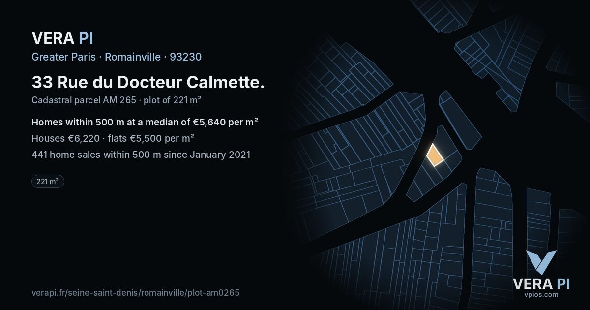 33 Rue du Docteur Calmette, Romainville at night – the plot lit, the parcels around coloured by the prices near them