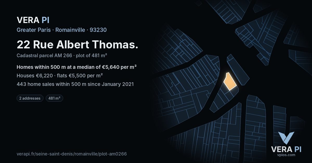 22 Rue Albert Thomas, Romainville at night – the plot lit, the parcels around coloured by the prices near them