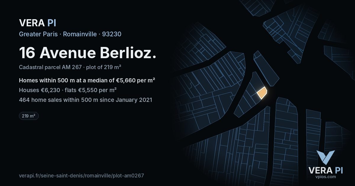 16 Avenue Berlioz, Romainville at night – the plot lit, the parcels around coloured by the prices near them