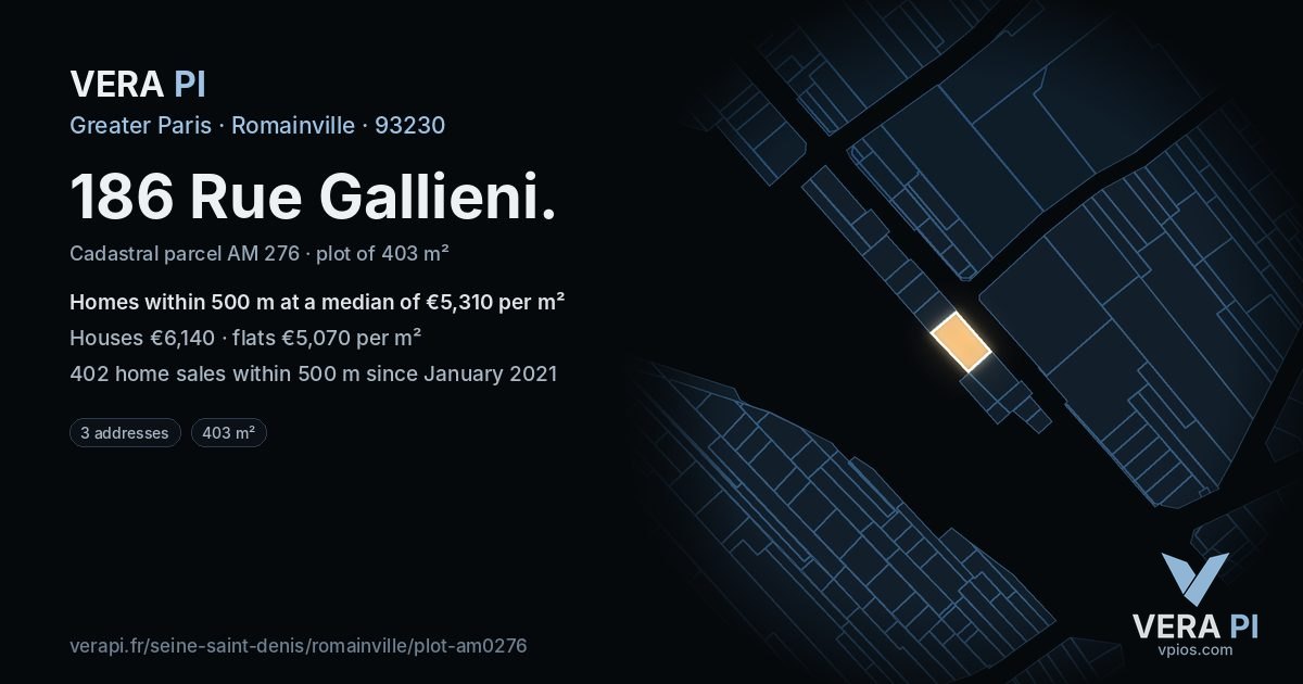 186 Rue Gallieni, Romainville at night – the plot lit, the parcels around coloured by the prices near them