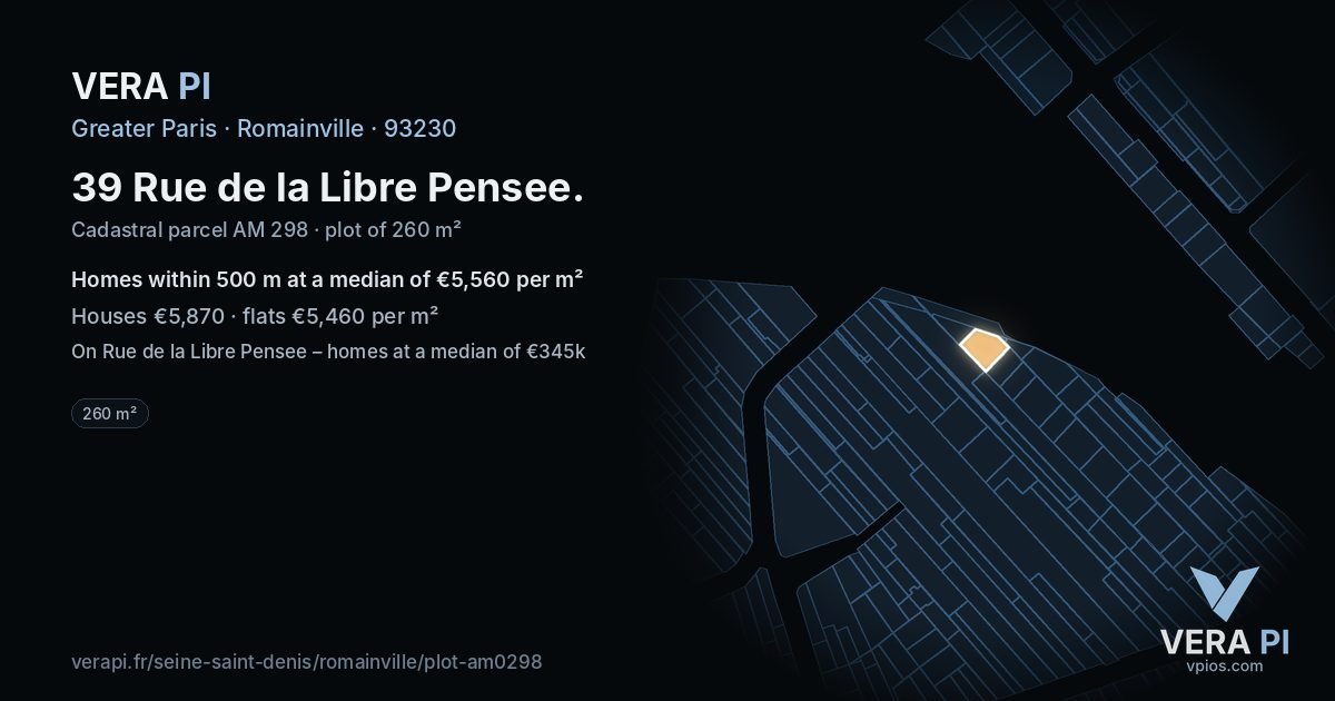 39 Rue de la Libre Pensee, Romainville at night – the plot lit, the parcels around coloured by the prices near them