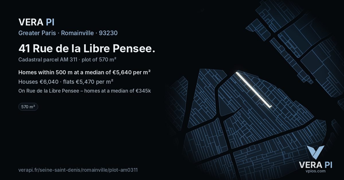 41 Rue de la Libre Pensee, Romainville at night – the plot lit, the parcels around coloured by the prices near them