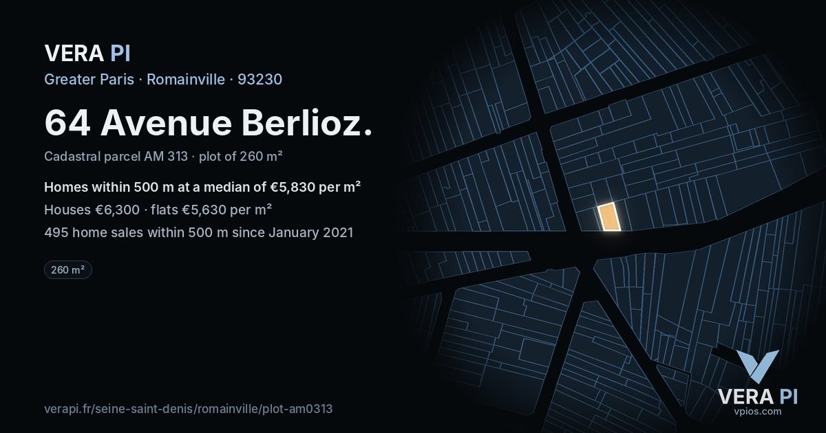 64 Avenue Berlioz, Romainville at night – the plot lit, the parcels around coloured by the prices near them