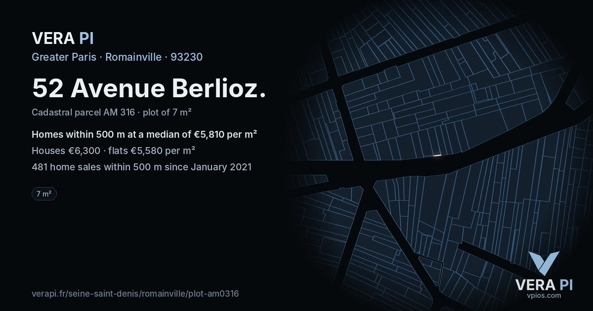 52 Avenue Berlioz, Romainville at night – the plot lit, the parcels around coloured by the prices near them