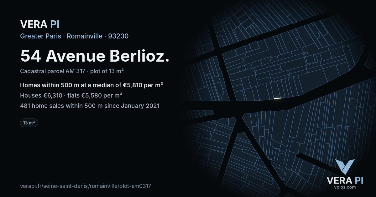 54 Avenue Berlioz, Romainville at night – the plot lit, the parcels around coloured by the prices near them