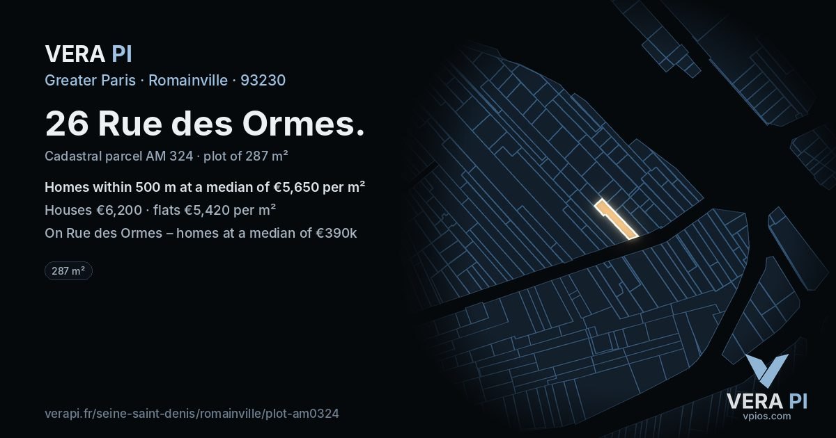 26 Rue des Ormes, Romainville at night – the plot lit, the parcels around coloured by the prices near them