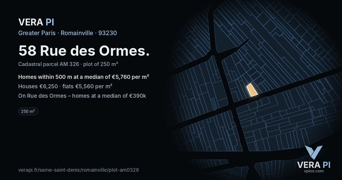 58 Rue des Ormes, Romainville at night – the plot lit, the parcels around coloured by the prices near them