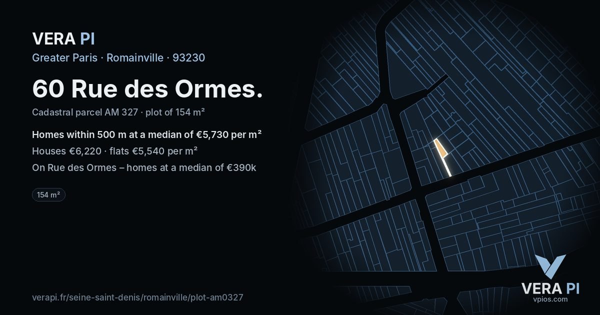 60 Rue des Ormes, Romainville at night – the plot lit, the parcels around coloured by the prices near them