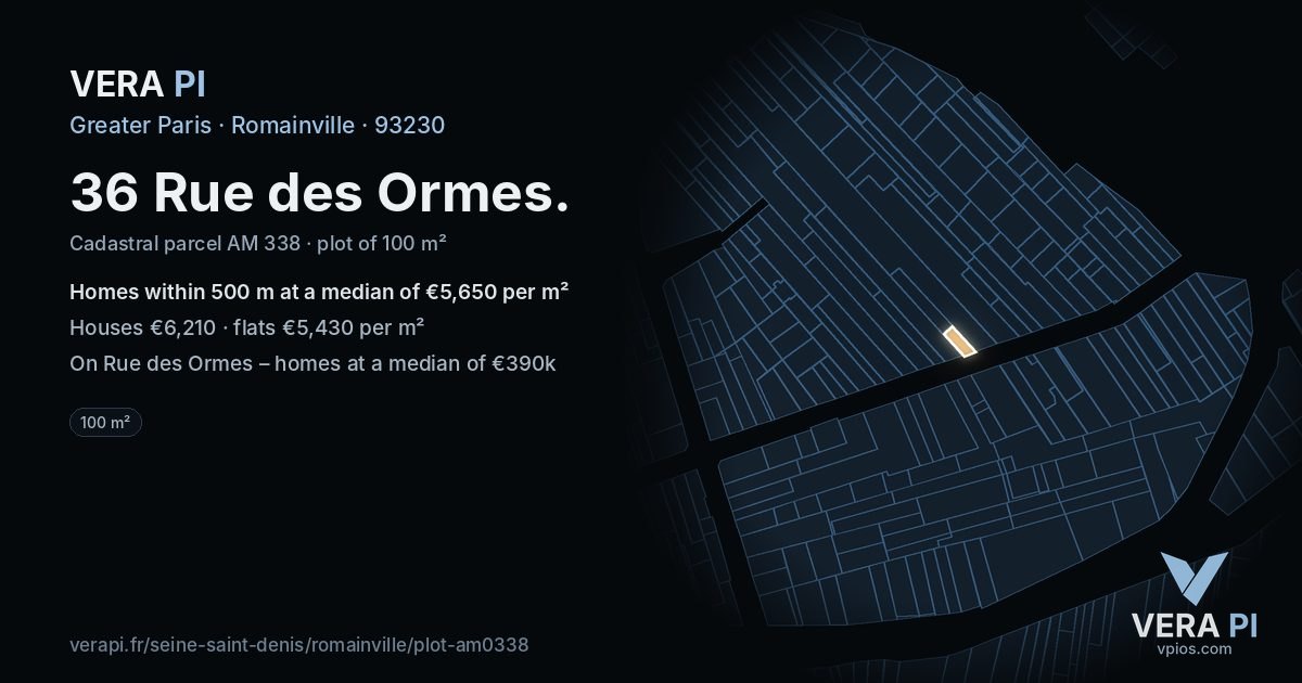 36 Rue des Ormes, Romainville at night – the plot lit, the parcels around coloured by the prices near them