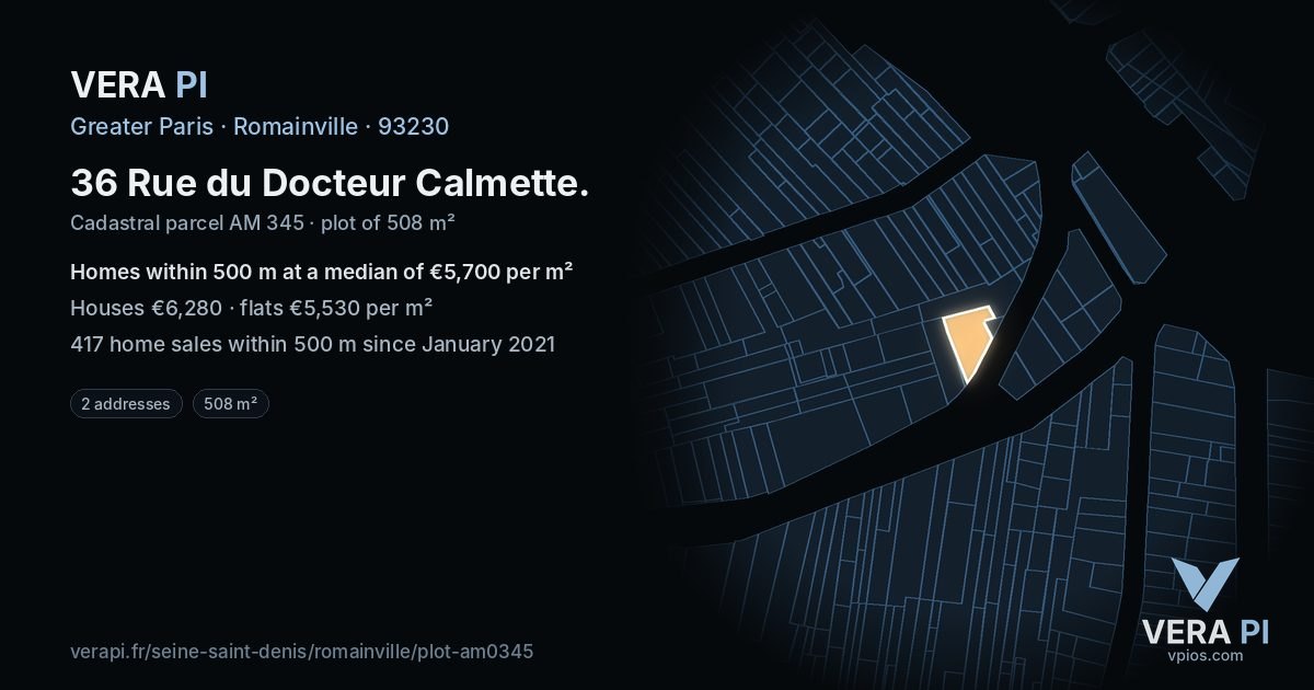 36 Rue du Docteur Calmette, Romainville at night – the plot lit, the parcels around coloured by the prices near them