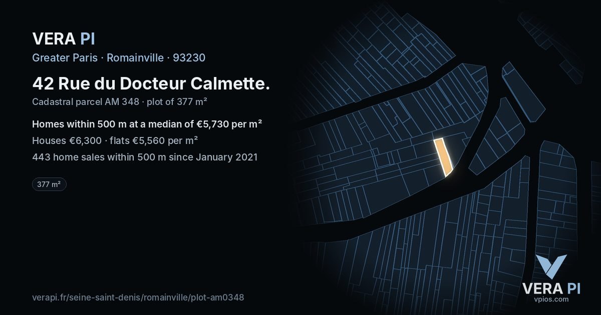 42 Rue du Docteur Calmette, Romainville at night – the plot lit, the parcels around coloured by the prices near them