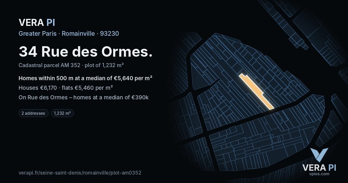 34 Rue des Ormes, Romainville at night – the plot lit, the parcels around coloured by the prices near them