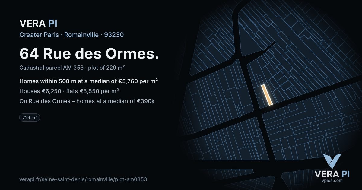 64 Rue des Ormes, Romainville at night – the plot lit, the parcels around coloured by the prices near them