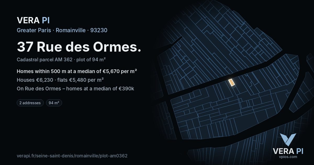 37 Rue des Ormes, Romainville at night – the plot lit, the parcels around coloured by the prices near them