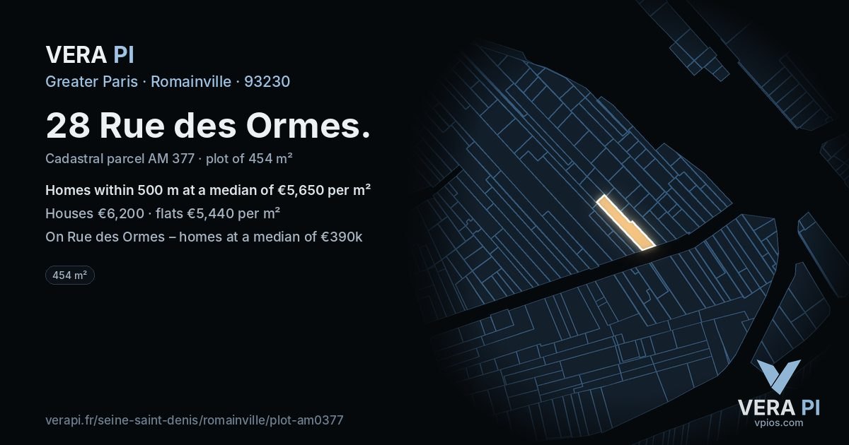 28 Rue des Ormes, Romainville at night – the plot lit, the parcels around coloured by the prices near them