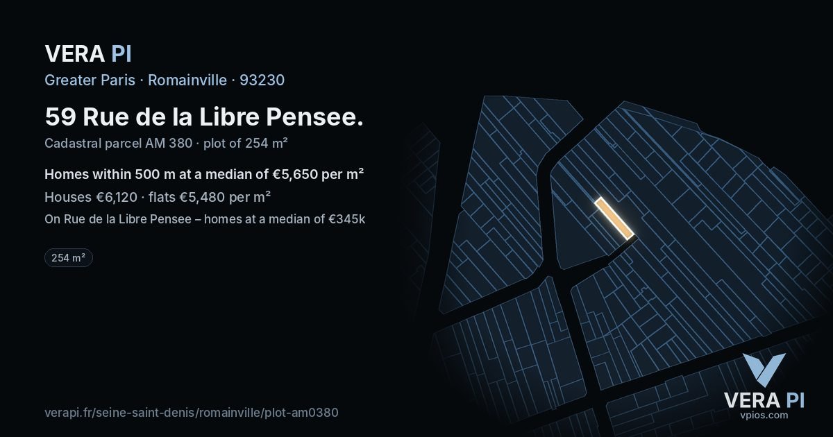 59 Rue de la Libre Pensee, Romainville at night – the plot lit, the parcels around coloured by the prices near them