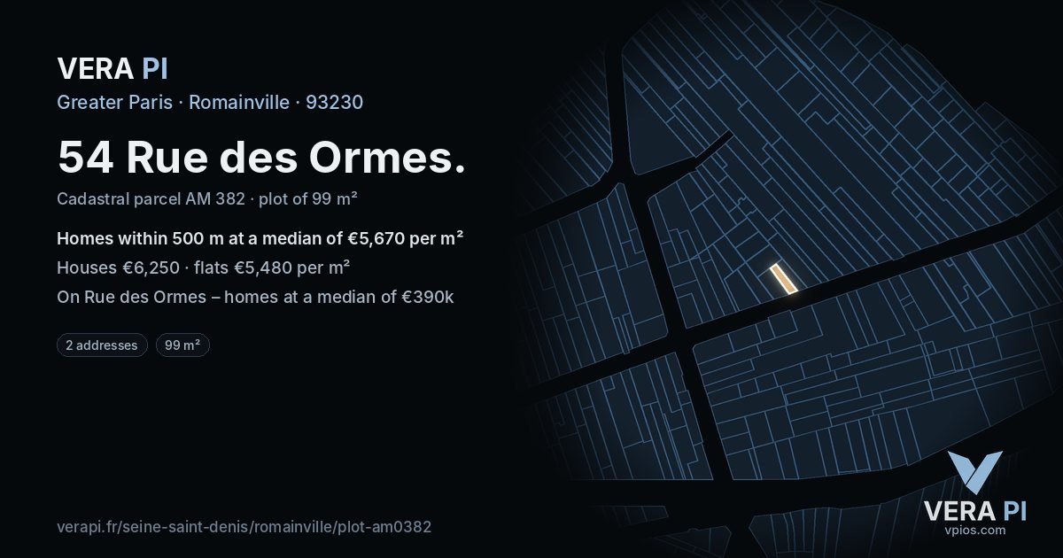 54 Rue des Ormes, Romainville at night – the plot lit, the parcels around coloured by the prices near them