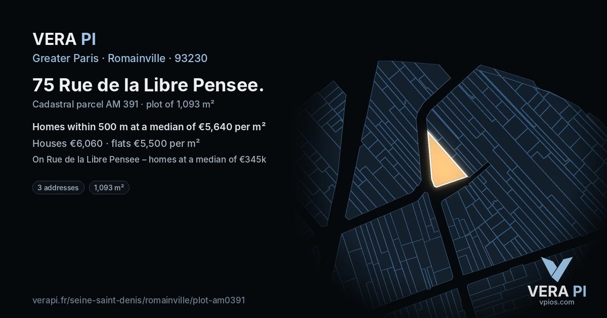 75 Rue de la Libre Pensee, Romainville at night – the plot lit, the parcels around coloured by the prices near them