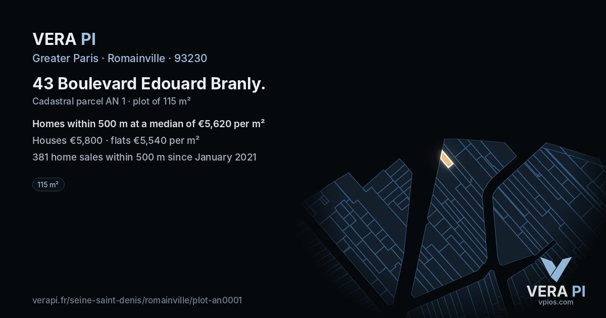 43 Boulevard Edouard Branly, Romainville at night – the plot lit, the parcels around coloured by the prices near them