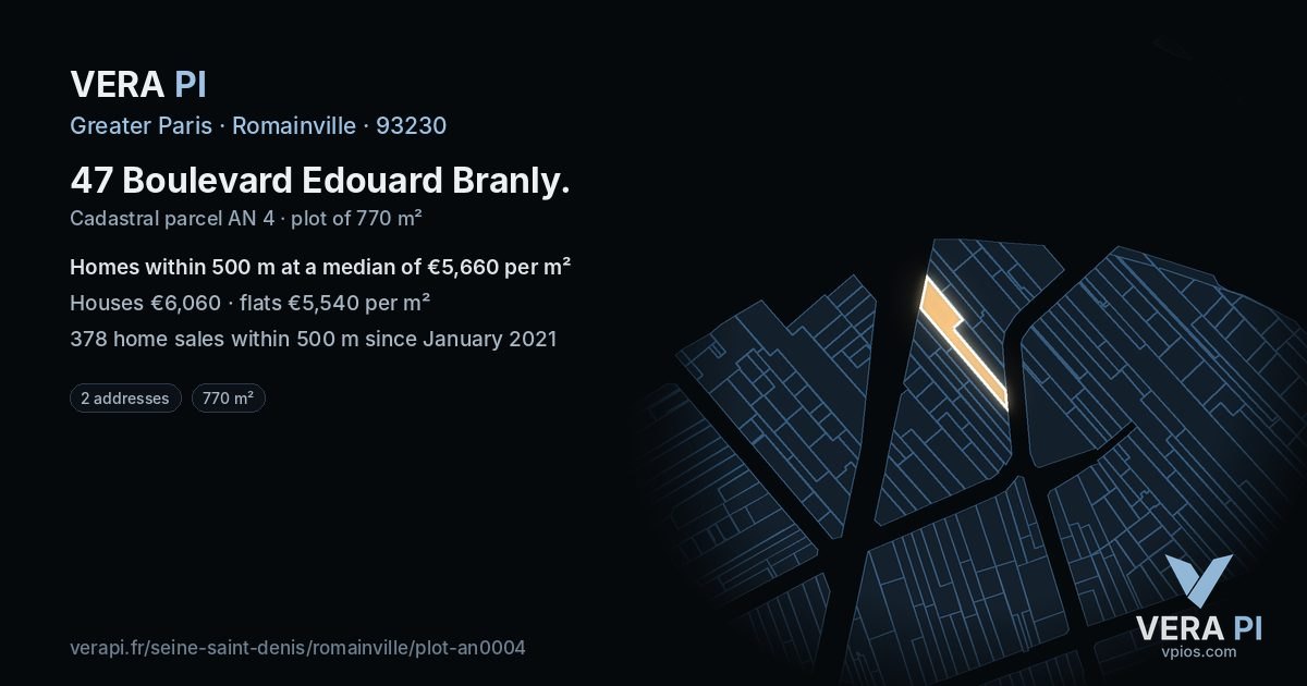 47 Boulevard Edouard Branly, Romainville at night – the plot lit, the parcels around coloured by the prices near them