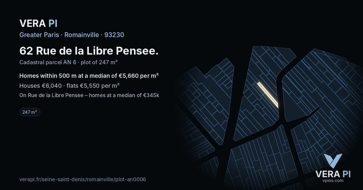 62 Rue de la Libre Pensee, Romainville at night – the plot lit, the parcels around coloured by the prices near them
