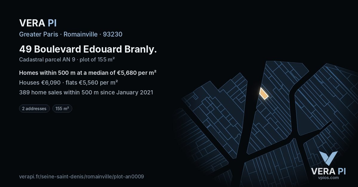 49 Boulevard Edouard Branly, Romainville at night – the plot lit, the parcels around coloured by the prices near them