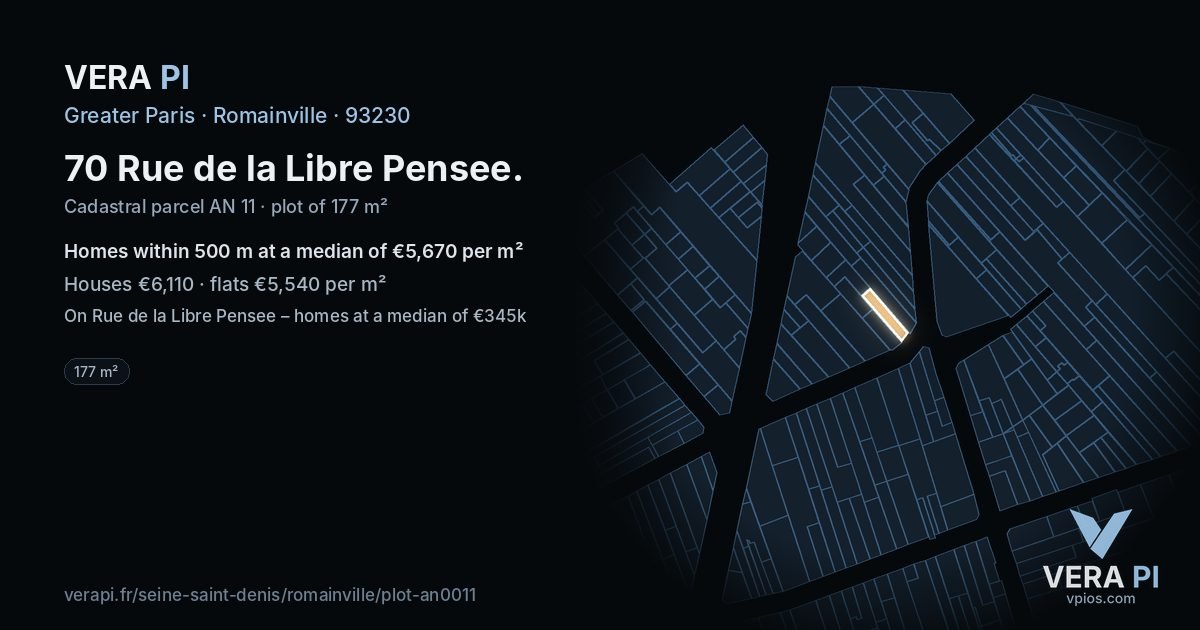 70 Rue de la Libre Pensee, Romainville at night – the plot lit, the parcels around coloured by the prices near them