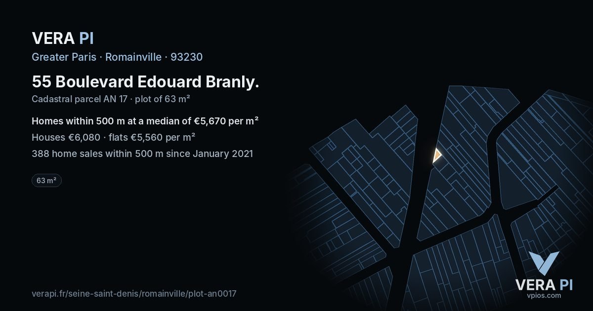 55 Boulevard Edouard Branly, Romainville at night – the plot lit, the parcels around coloured by the prices near them