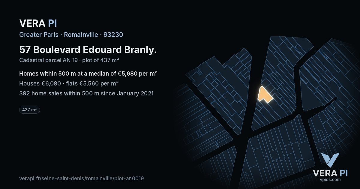 57 Boulevard Edouard Branly, Romainville at night – the plot lit, the parcels around coloured by the prices near them