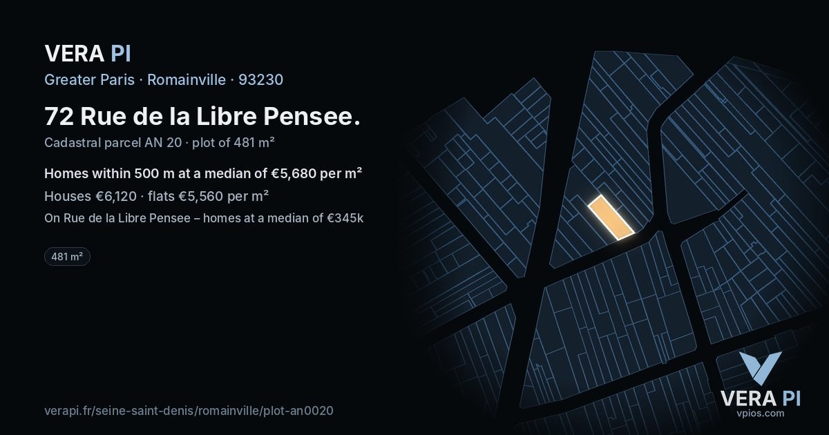72 Rue de la Libre Pensee, Romainville at night – the plot lit, the parcels around coloured by the prices near them