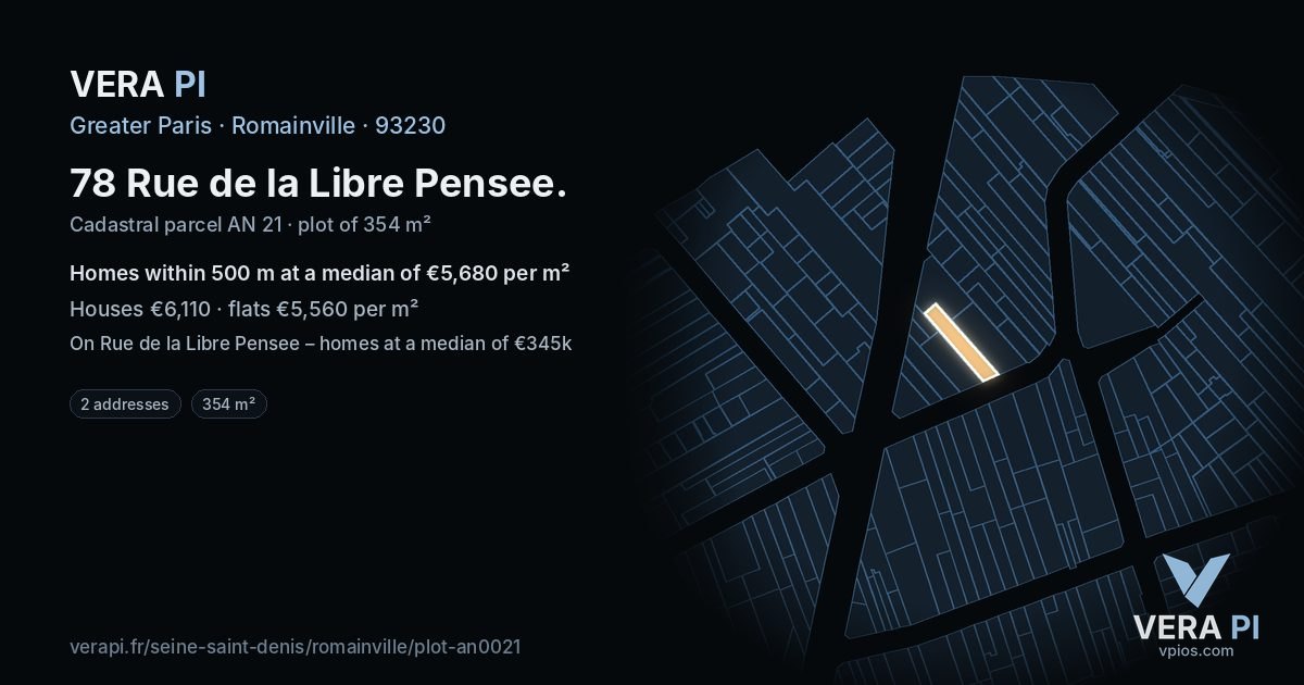 78 Rue de la Libre Pensee, Romainville at night – the plot lit, the parcels around coloured by the prices near them
