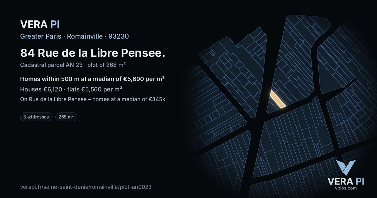 84 Rue de la Libre Pensee, Romainville at night – the plot lit, the parcels around coloured by the prices near them